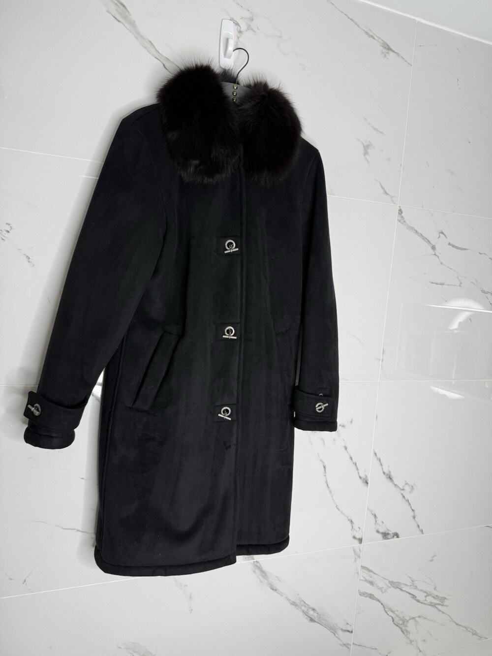 Dana Buchman Genuine Fur Trim Black Coat Faux Suede Classic Penny Lane Women's S